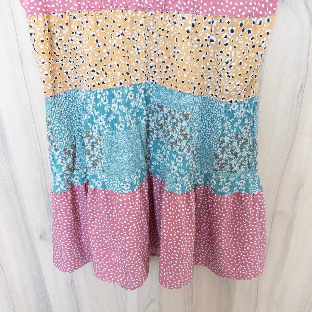 Kori Floral Parchwork Mini Dress Medium Multicolor Tiered Boho Cottage Summer - Picture 4 of 9